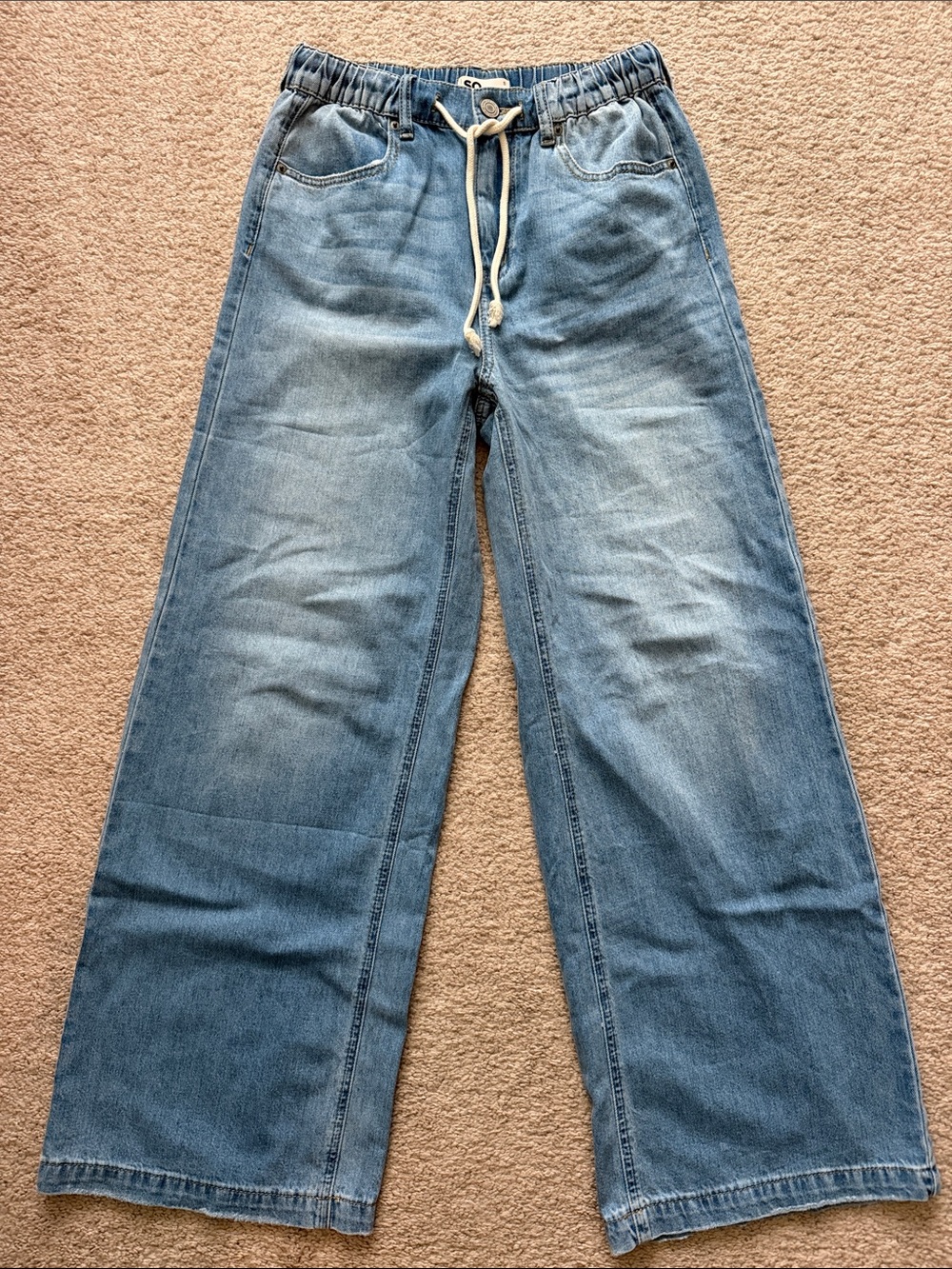 SO Women's Light Wash Wide Leg Drawstring Jeans